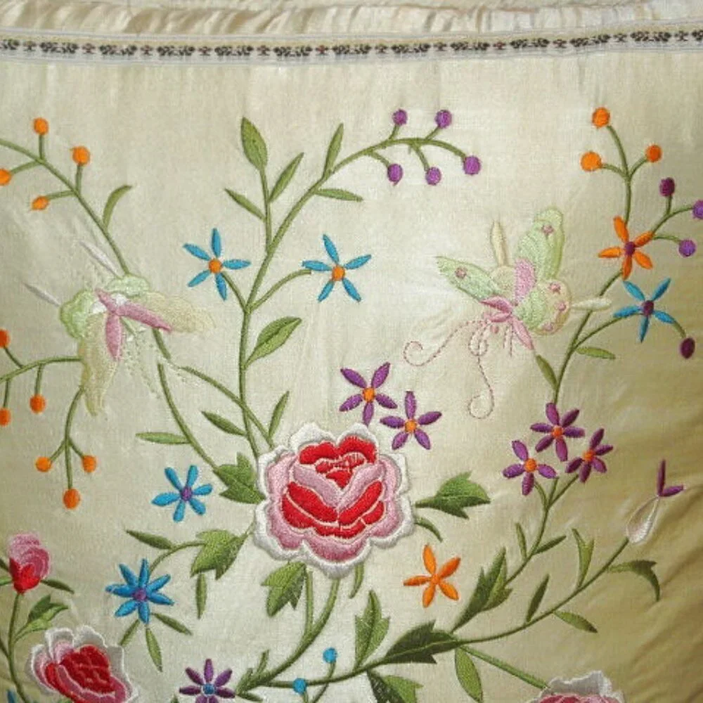 Vtg Floral Embroidered Satin Throw Pillow Cottagecore Boudoir Regency Old Money